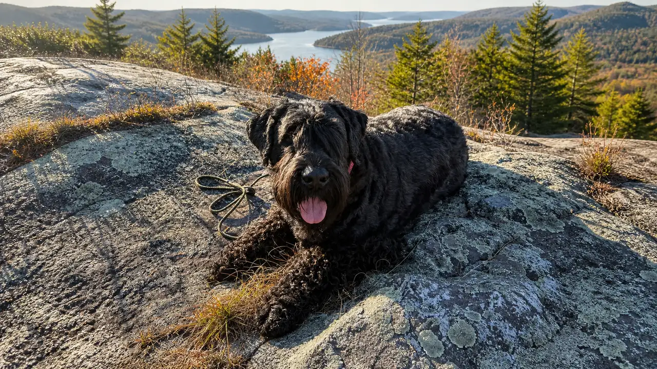 Axel Ros, a Giant Schnauzer, lying on a lichen-covered rock above an autumn lake