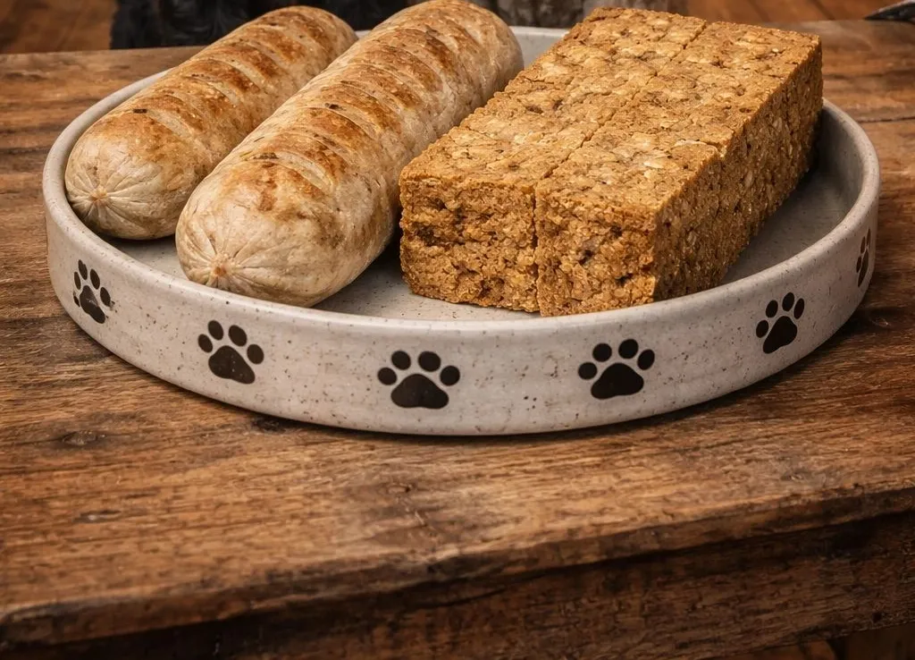 Sausages and Woofle bars on a paw-print plate — photograph from bonesandroses.ca